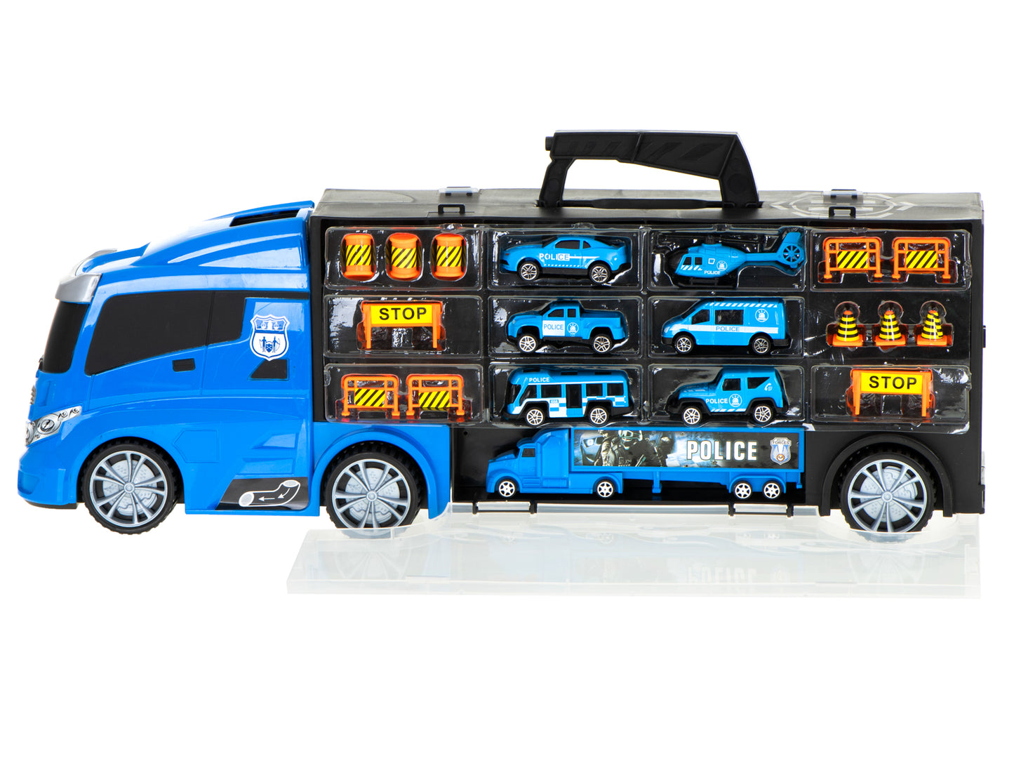 Camion Transportator Police Rescue idealSTORE, Dimensiuni 57 x 11 x 20 cm, Include 7 Vehicule din Plasctic, Semne de Circulatie, Capacitate pana la 26 de Masini, Lansator de Masini, Maner pentru Transport