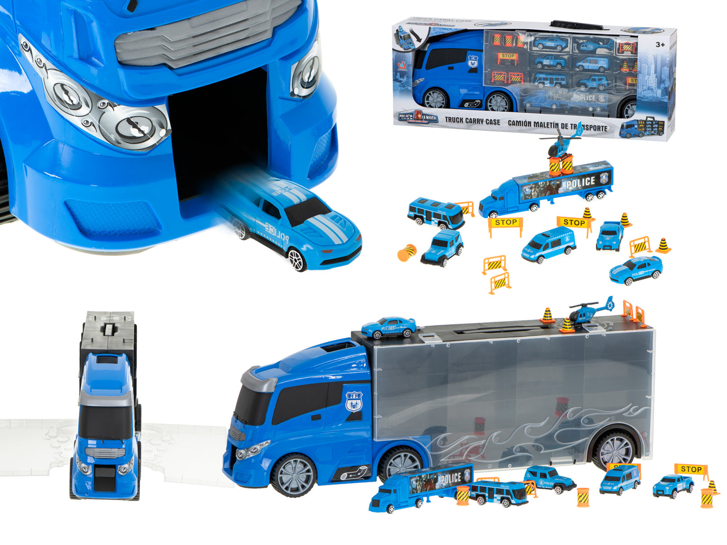 Camion Transportator Police Rescue idealSTORE, Dimensiuni 57 x 11 x 20 cm, Include 7 Vehicule din Plasctic, Semne de Circulatie, Capacitate pana la 26 de Masini, Lansator de Masini, Maner pentru Transport