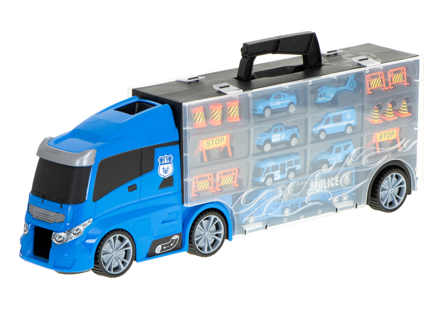 Camion Transportator Police Rescue idealSTORE, Dimensiuni 57 x 11 x 20 cm, Include 7 Vehicule din Plasctic, Semne de Circulatie, Capacitate pana la 26 de Masini, Lansator de Masini, Maner pentru Transport