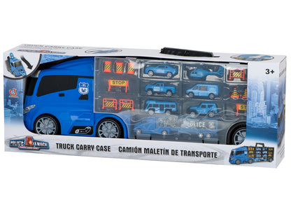 Camion Transportator Police Rescue idealSTORE, Dimensiuni 57 x 11 x 20 cm, Include 7 Vehicule din Plasctic, Semne de Circulatie, Capacitate pana la 26 de Masini, Lansator de Masini, Maner pentru Transport