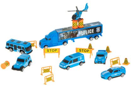 Camion Transportator Police Rescue idealSTORE, Dimensiuni 57 x 11 x 20 cm, Include 7 Vehicule din Plasctic, Semne de Circulatie, Capacitate pana la 26 de Masini, Lansator de Masini, Maner pentru Transport