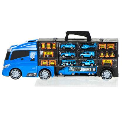 Camion Transportator Police Rescue idealSTORE, Dimensiuni 57 x 11 x 20 cm, Include 7 Vehicule din Plasctic, Semne de Circulatie, Capacitate pana la 26 de Masini, Lansator de Masini, Maner pentru Transport