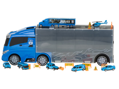 Camion Transportator Police Rescue idealSTORE, Dimensiuni 57 x 11 x 20 cm, Include 7 Vehicule din Plasctic, Semne de Circulatie, Capacitate pana la 26 de Masini, Lansator de Masini, Maner pentru Transport