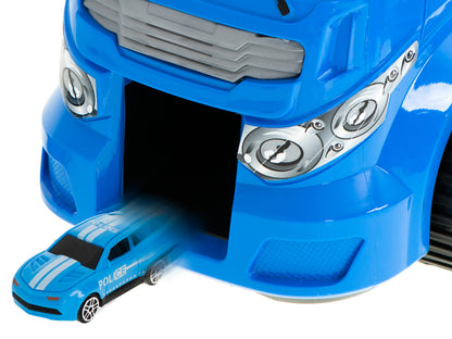 Camion Transportator Police Rescue idealSTORE, Dimensiuni 57 x 11 x 20 cm, Include 7 Vehicule din Plasctic, Semne de Circulatie, Capacitate pana la 26 de Masini, Lansator de Masini, Maner pentru Transport