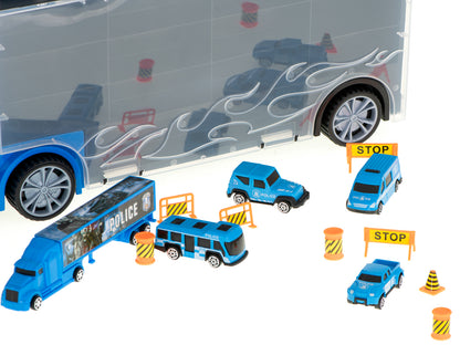 Camion Transportator Police Rescue idealSTORE, Dimensiuni 57 x 11 x 20 cm, Include 7 Vehicule din Plasctic, Semne de Circulatie, Capacitate pana la 26 de Masini, Lansator de Masini, Maner pentru Transport