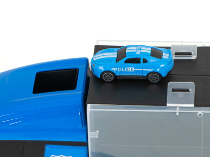 Camion Transportator Police Rescue idealSTORE, Dimensiuni 57 x 11 x 20 cm, Include 7 Vehicule din Plasctic, Semne de Circulatie, Capacitate pana la 26 de Masini, Lansator de Masini, Maner pentru Transport