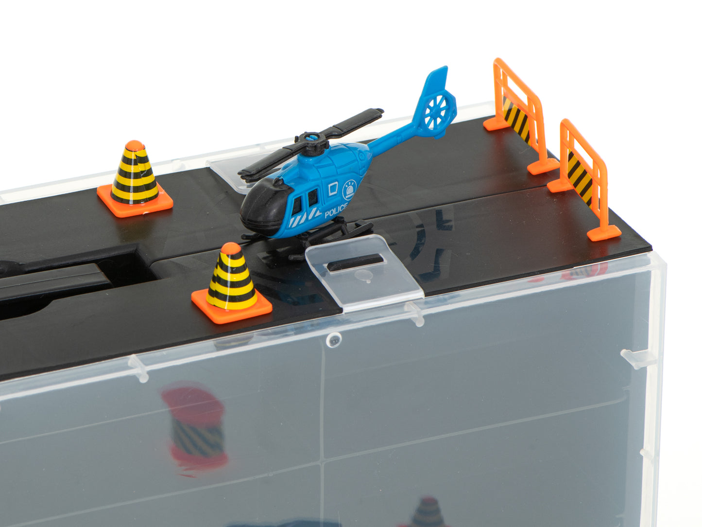 Camion Transportator Police Rescue idealSTORE, Dimensiuni 57 x 11 x 20 cm, Include 7 Vehicule din Plasctic, Semne de Circulatie, Capacitate pana la 26 de Masini, Lansator de Masini, Maner pentru Transport