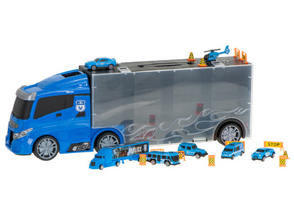 Camion Transportator Police Rescue idealSTORE, Dimensiuni 57 x 11 x 20 cm, Include 7 Vehicule din Plasctic, Semne de Circulatie, Capacitate pana la 26 de Masini, Lansator de Masini, Maner pentru Transport