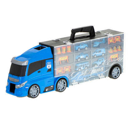 Camion Transportator Police Rescue idealSTORE, Dimensiuni 57 x 11 x 20 cm, Include 7 Vehicule din Plasctic, Semne de Circulatie, Capacitate pana la 26 de Masini, Lansator de Masini, Maner pentru Transport