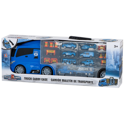 Camion Transportator Police Rescue idealSTORE, Dimensiuni 57 x 11 x 20 cm, Include 7 Vehicule din Plasctic, Semne de Circulatie, Capacitate pana la 26 de Masini, Lansator de Masini, Maner pentru Transport