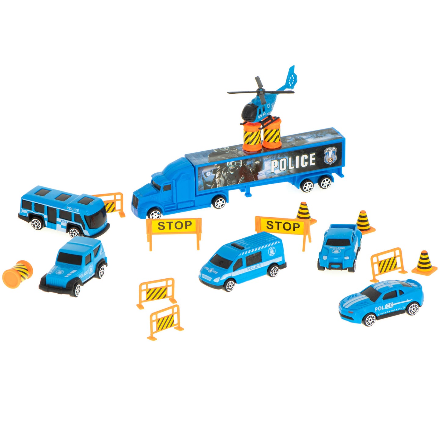 Camion Transportator Police Rescue idealSTORE, Dimensiuni 57 x 11 x 20 cm, Include 7 Vehicule din Plasctic, Semne de Circulatie, Capacitate pana la 26 de Masini, Lansator de Masini, Maner pentru Transport
