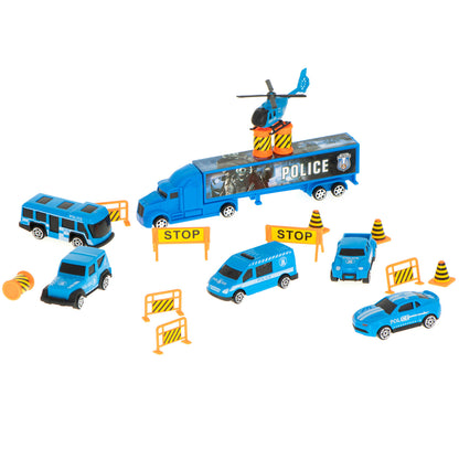 Camion Transportator Police Rescue idealSTORE, Dimensiuni 57 x 11 x 20 cm, Include 7 Vehicule din Plasctic, Semne de Circulatie, Capacitate pana la 26 de Masini, Lansator de Masini, Maner pentru Transport