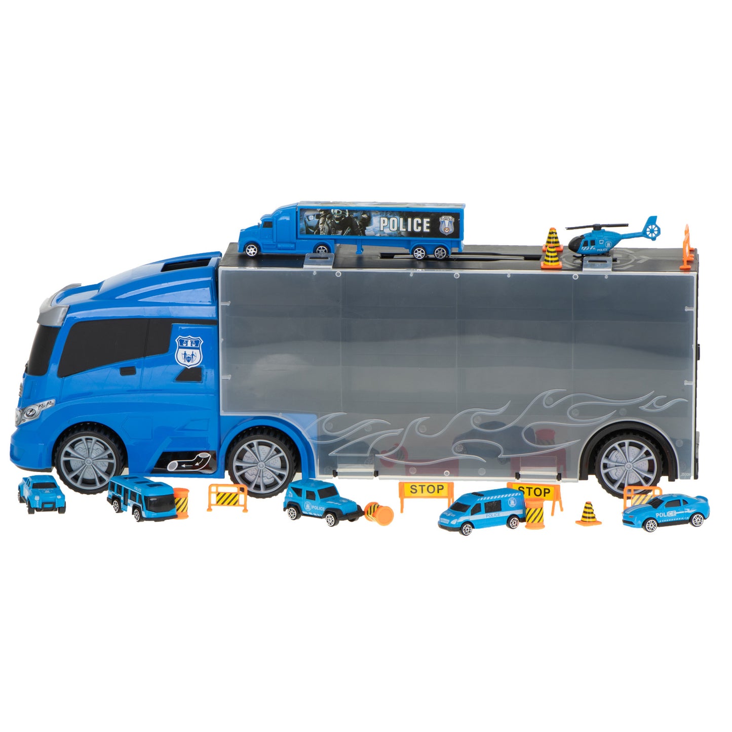 Camion Transportator Police Rescue idealSTORE, Dimensiuni 57 x 11 x 20 cm, Include 7 Vehicule din Plasctic, Semne de Circulatie, Capacitate pana la 26 de Masini, Lansator de Masini, Maner pentru Transport
