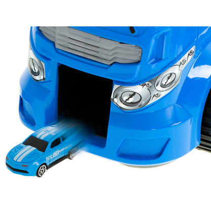 Camion Transportator Police Rescue idealSTORE, Dimensiuni 57 x 11 x 20 cm, Include 7 Vehicule din Plasctic, Semne de Circulatie, Capacitate pana la 26 de Masini, Lansator de Masini, Maner pentru Transport