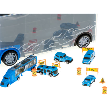 Camion Transportator Police Rescue idealSTORE, Dimensiuni 57 x 11 x 20 cm, Include 7 Vehicule din Plasctic, Semne de Circulatie, Capacitate pana la 26 de Masini, Lansator de Masini, Maner pentru Transport