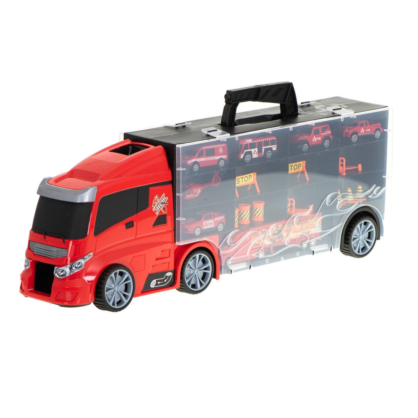 Camion Transportator Fire Rescue idealSTORE, Dimensiuni 57 x 11 x 20 cm, Include 7 Vehicule din Plasctic, Semne de Circulatie, Capacitate pana la 26 de Masini, Lansator de Masini, Maner pentru Transport