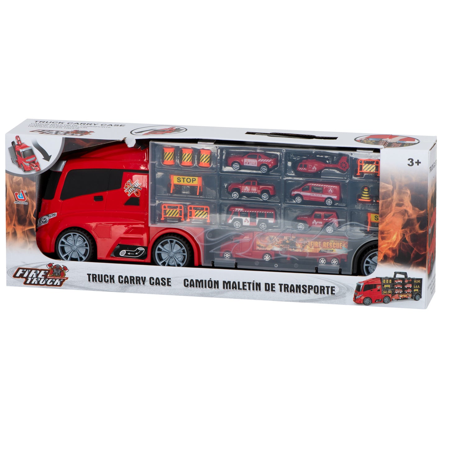 Camion Transportator Fire Rescue idealSTORE, Dimensiuni 57 x 11 x 20 cm, Include 7 Vehicule din Plasctic, Semne de Circulatie, Capacitate pana la 26 de Masini, Lansator de Masini, Maner pentru Transport