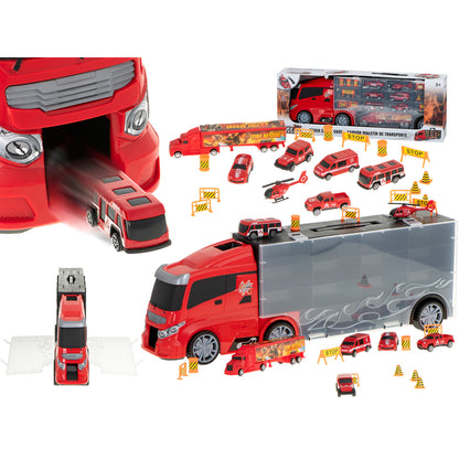 Camion Transportator Fire Rescue idealSTORE, Dimensiuni 57 x 11 x 20 cm, Include 7 Vehicule din Plasctic, Semne de Circulatie, Capacitate pana la 26 de Masini, Lansator de Masini, Maner pentru Transport