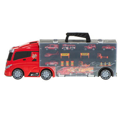 Camion Transportator Fire Rescue idealSTORE, Dimensiuni 57 x 11 x 20 cm, Include 7 Vehicule din Plasctic, Semne de Circulatie, Capacitate pana la 26 de Masini, Lansator de Masini, Maner pentru Transport