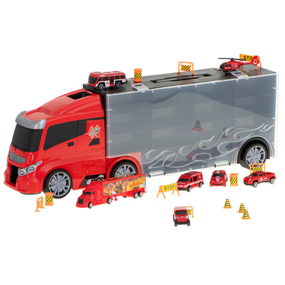 Camion Transportator Fire Rescue idealSTORE, Dimensiuni 57 x 11 x 20 cm, Include 7 Vehicule din Plasctic, Semne de Circulatie, Capacitate pana la 26 de Masini, Lansator de Masini, Maner pentru Transport