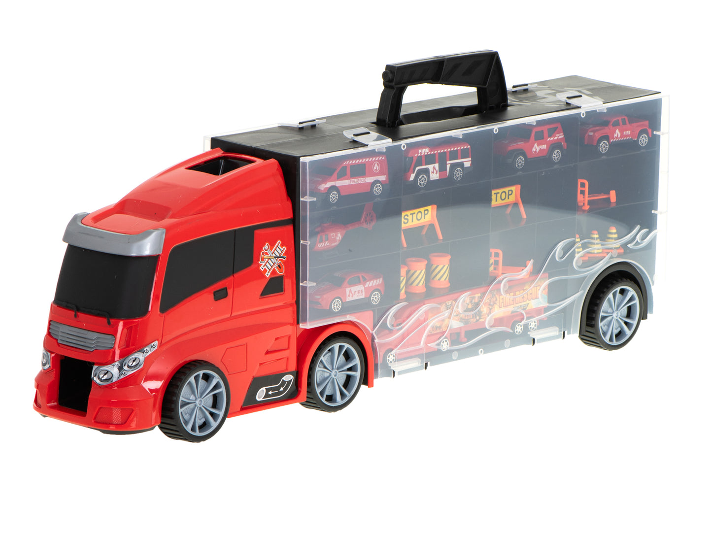 Camion Transportator Fire Rescue idealSTORE, Dimensiuni 57 x 11 x 20 cm, Include 7 Vehicule din Plasctic, Semne de Circulatie, Capacitate pana la 26 de Masini, Lansator de Masini, Maner pentru Transport