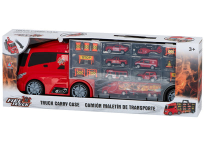 Camion Transportator Fire Rescue idealSTORE, Dimensiuni 57 x 11 x 20 cm, Include 7 Vehicule din Plasctic, Semne de Circulatie, Capacitate pana la 26 de Masini, Lansator de Masini, Maner pentru Transport