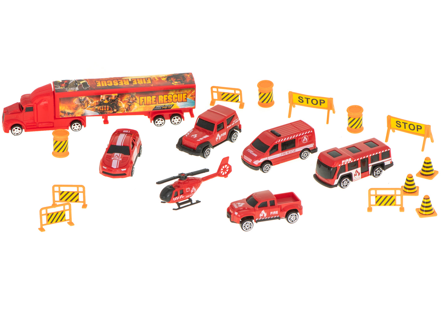 Camion Transportator Fire Rescue idealSTORE, Dimensiuni 57 x 11 x 20 cm, Include 7 Vehicule din Plasctic, Semne de Circulatie, Capacitate pana la 26 de Masini, Lansator de Masini, Maner pentru Transport