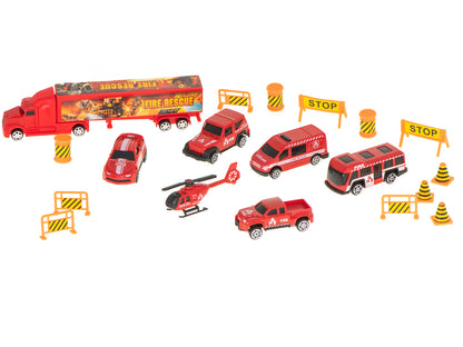 Camion Transportator Fire Rescue idealSTORE, Dimensiuni 57 x 11 x 20 cm, Include 7 Vehicule din Plasctic, Semne de Circulatie, Capacitate pana la 26 de Masini, Lansator de Masini, Maner pentru Transport