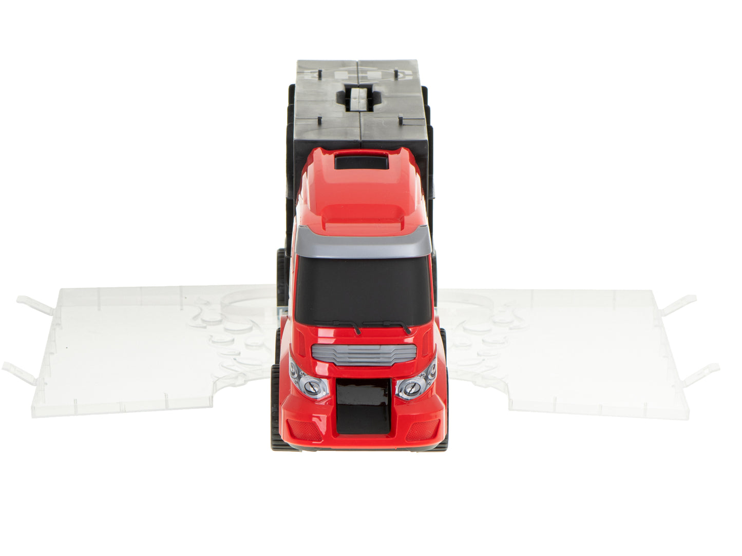 Camion Transportator Fire Rescue idealSTORE, Dimensiuni 57 x 11 x 20 cm, Include 7 Vehicule din Plasctic, Semne de Circulatie, Capacitate pana la 26 de Masini, Lansator de Masini, Maner pentru Transport
