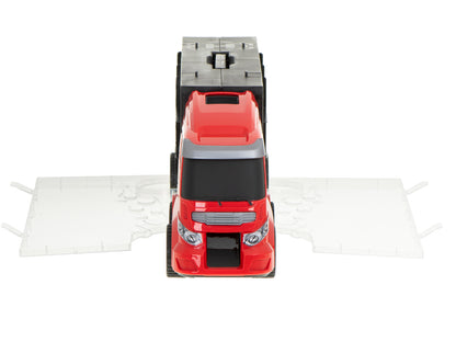 Camion Transportator Fire Rescue idealSTORE, Dimensiuni 57 x 11 x 20 cm, Include 7 Vehicule din Plasctic, Semne de Circulatie, Capacitate pana la 26 de Masini, Lansator de Masini, Maner pentru Transport