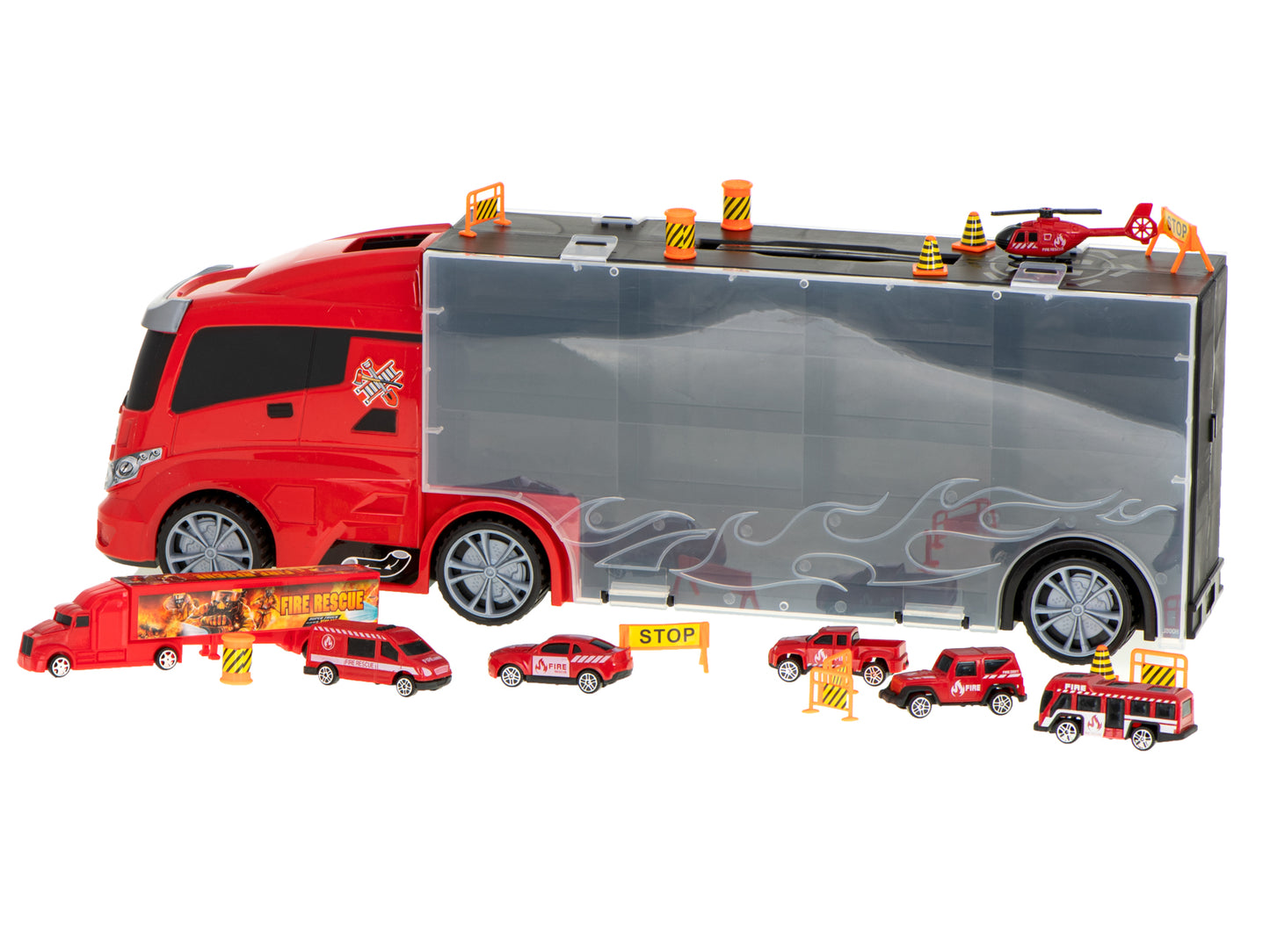 Camion Transportator Fire Rescue idealSTORE, Dimensiuni 57 x 11 x 20 cm, Include 7 Vehicule din Plasctic, Semne de Circulatie, Capacitate pana la 26 de Masini, Lansator de Masini, Maner pentru Transport