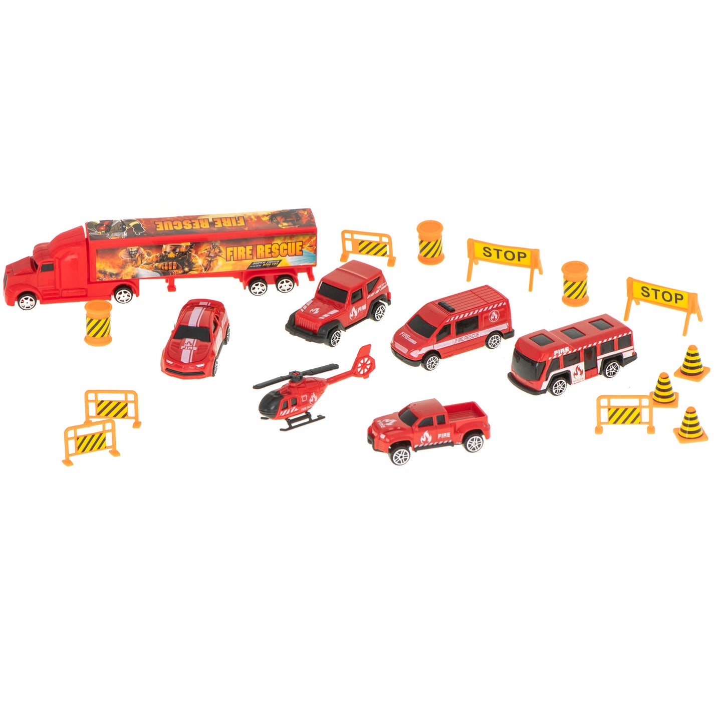 Camion Transportator Fire Rescue idealSTORE, Dimensiuni 57 x 11 x 20 cm, Include 7 Vehicule din Plasctic, Semne de Circulatie, Capacitate pana la 26 de Masini, Lansator de Masini, Maner pentru Transport