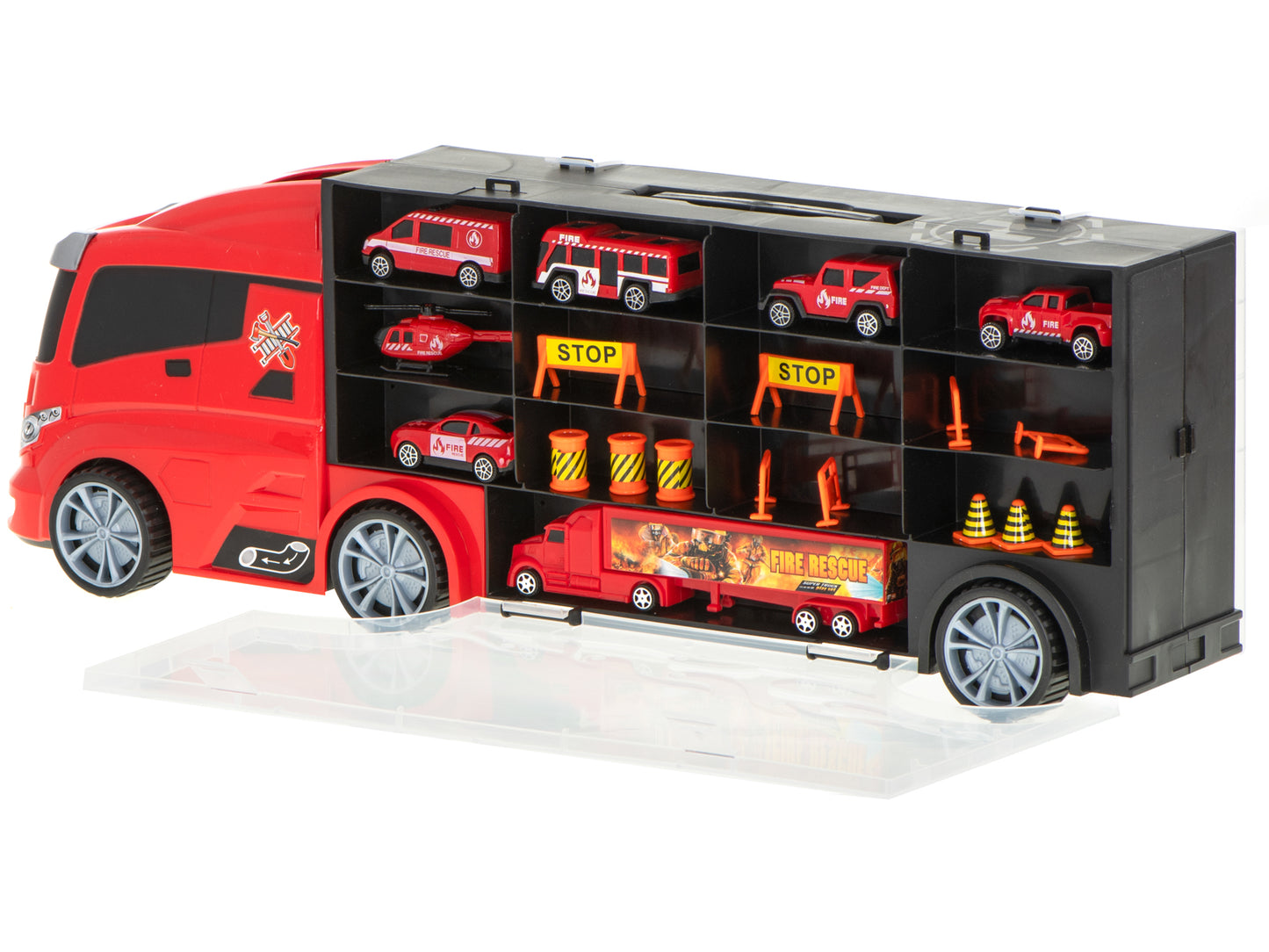 Camion Transportator Fire Rescue idealSTORE, Dimensiuni 57 x 11 x 20 cm, Include 7 Vehicule din Plasctic, Semne de Circulatie, Capacitate pana la 26 de Masini, Lansator de Masini, Maner pentru Transport