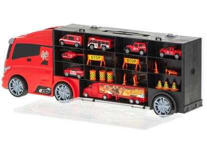 Camion Transportator Fire Rescue idealSTORE, Dimensiuni 57 x 11 x 20 cm, Include 7 Vehicule din Plasctic, Semne de Circulatie, Capacitate pana la 26 de Masini, Lansator de Masini, Maner pentru Transport