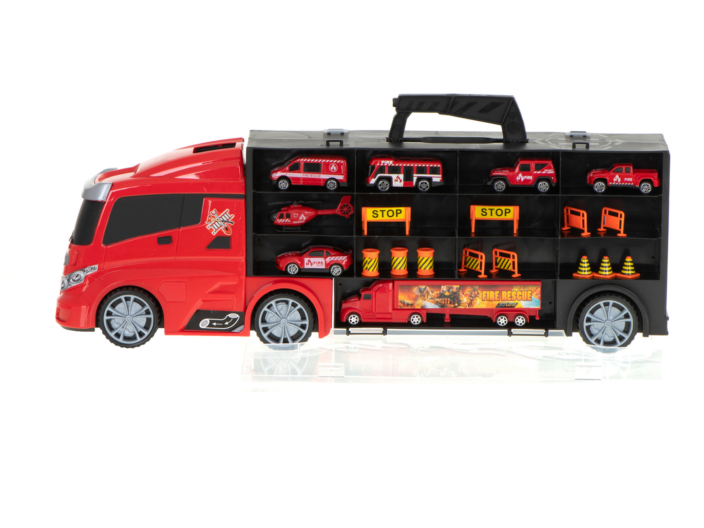 Camion Transportator Fire Rescue idealSTORE, Dimensiuni 57 x 11 x 20 cm, Include 7 Vehicule din Plasctic, Semne de Circulatie, Capacitate pana la 26 de Masini, Lansator de Masini, Maner pentru Transport