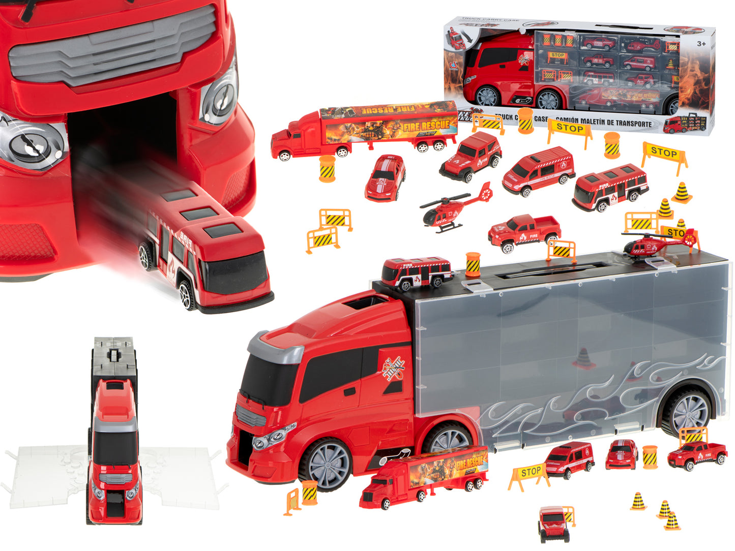 Camion Transportator Fire Rescue idealSTORE, Dimensiuni 57 x 11 x 20 cm, Include 7 Vehicule din Plasctic, Semne de Circulatie, Capacitate pana la 26 de Masini, Lansator de Masini, Maner pentru Transport