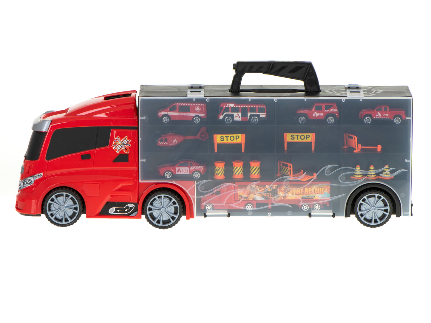 Camion Transportator Fire Rescue idealSTORE, Dimensiuni 57 x 11 x 20 cm, Include 7 Vehicule din Plasctic, Semne de Circulatie, Capacitate pana la 26 de Masini, Lansator de Masini, Maner pentru Transport
