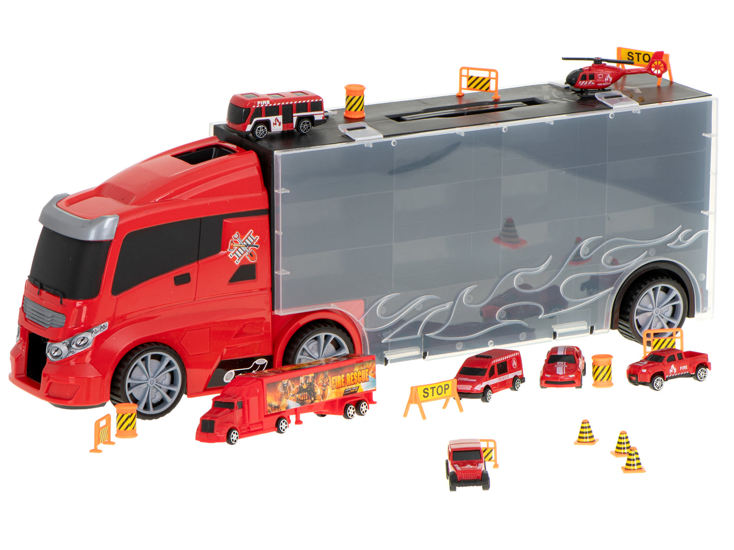 Camion Transportator Fire Rescue idealSTORE, Dimensiuni 57 x 11 x 20 cm, Include 7 Vehicule din Plasctic, Semne de Circulatie, Capacitate pana la 26 de Masini, Lansator de Masini, Maner pentru Transport