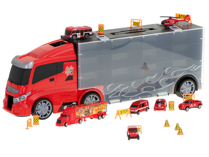 Camion Transportator Fire Rescue idealSTORE, Dimensiuni 57 x 11 x 20 cm, Include 7 Vehicule din Plasctic, Semne de Circulatie, Capacitate pana la 26 de Masini, Lansator de Masini, Maner pentru Transport