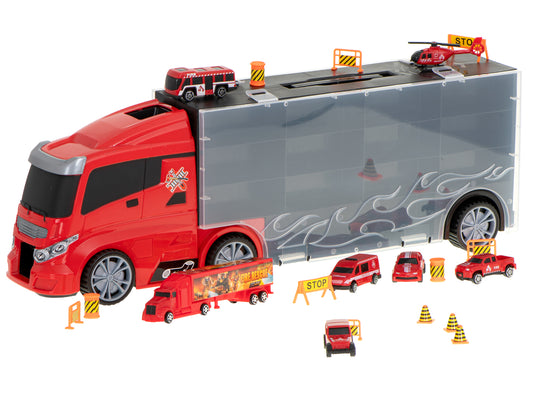 Camion Transportator Fire Rescue idealSTORE, Dimensiuni 57 x 11 x 20 cm, Include 7 Vehicule din Plasctic, Semne de Circulatie, Capacitate pana la 26 de Masini, Lansator de Masini, Maner pentru Transport