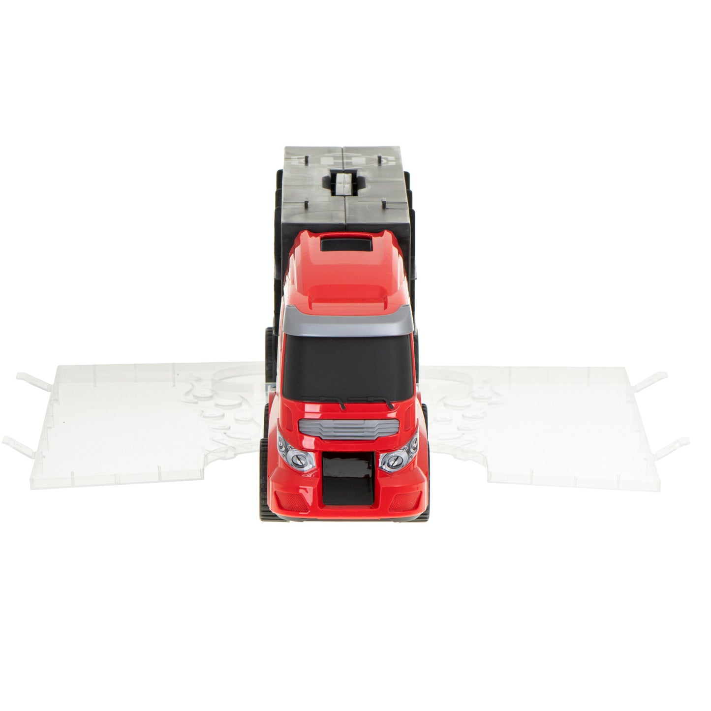 Camion Transportator Fire Rescue idealSTORE, Dimensiuni 57 x 11 x 20 cm, Include 7 Vehicule din Plasctic, Semne de Circulatie, Capacitate pana la 26 de Masini, Lansator de Masini, Maner pentru Transport