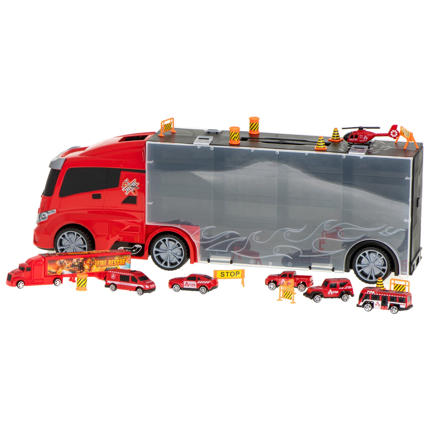 Camion Transportator Fire Rescue idealSTORE, Dimensiuni 57 x 11 x 20 cm, Include 7 Vehicule din Plasctic, Semne de Circulatie, Capacitate pana la 26 de Masini, Lansator de Masini, Maner pentru Transport