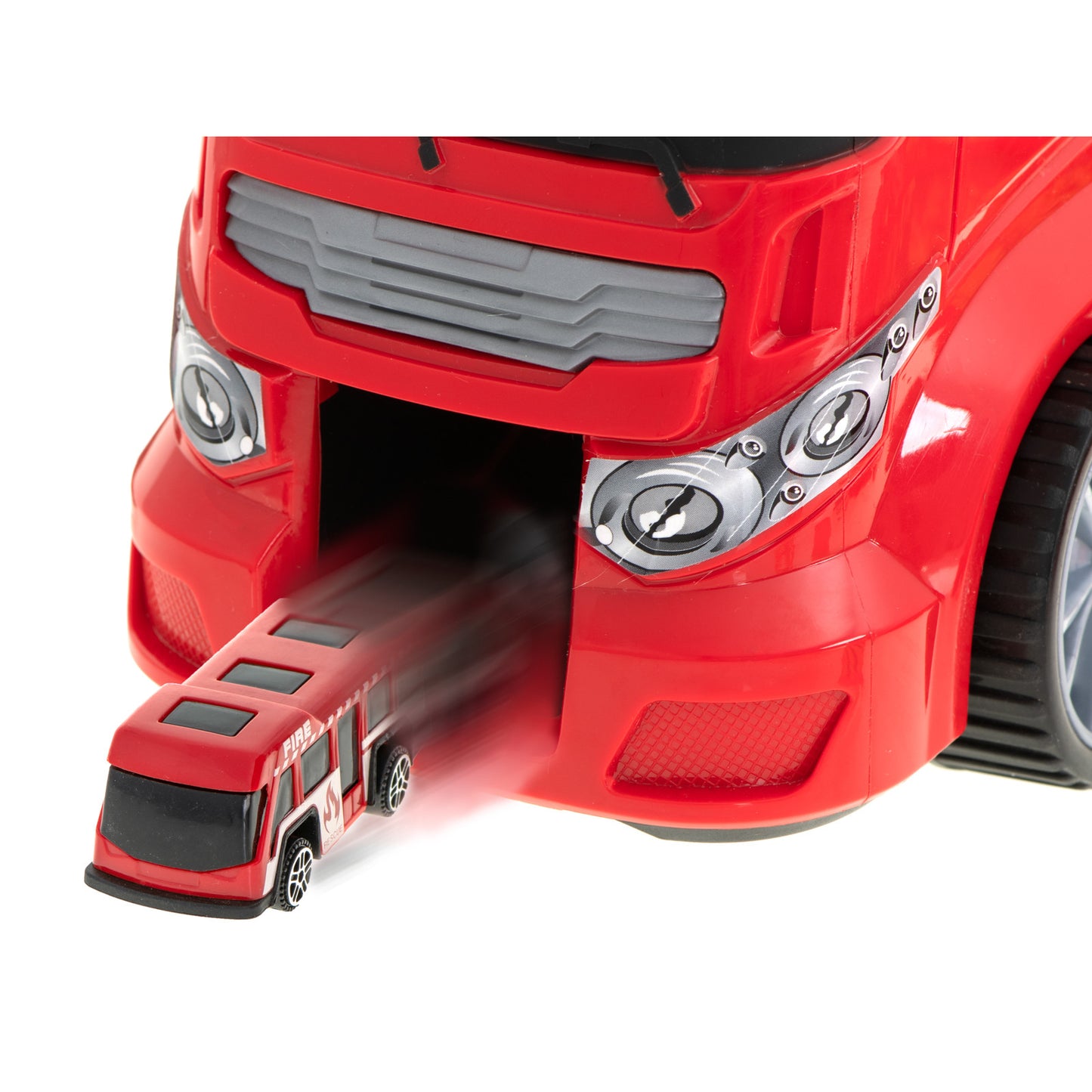 Camion Transportator Fire Rescue idealSTORE, Dimensiuni 57 x 11 x 20 cm, Include 7 Vehicule din Plasctic, Semne de Circulatie, Capacitate pana la 26 de Masini, Lansator de Masini, Maner pentru Transport