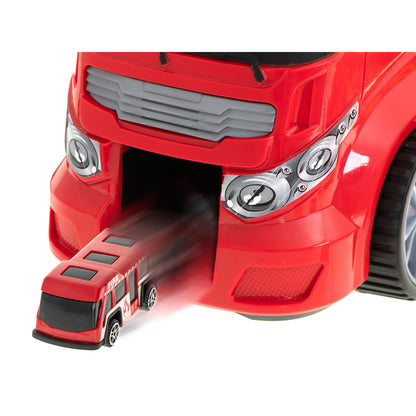 Camion Transportator Fire Rescue idealSTORE, Dimensiuni 57 x 11 x 20 cm, Include 7 Vehicule din Plasctic, Semne de Circulatie, Capacitate pana la 26 de Masini, Lansator de Masini, Maner pentru Transport