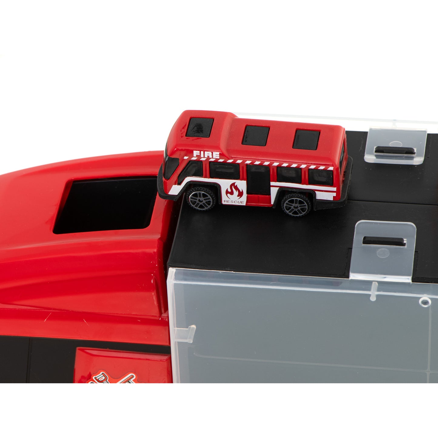 Camion Transportator Fire Rescue idealSTORE, Dimensiuni 57 x 11 x 20 cm, Include 7 Vehicule din Plasctic, Semne de Circulatie, Capacitate pana la 26 de Masini, Lansator de Masini, Maner pentru Transport