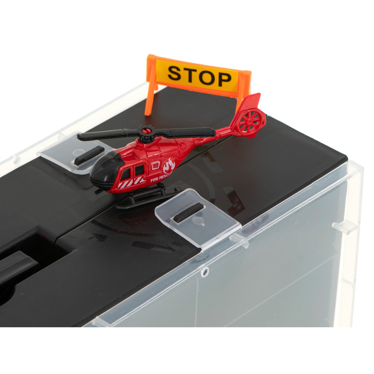 Camion Transportator Fire Rescue idealSTORE, Dimensiuni 57 x 11 x 20 cm, Include 7 Vehicule din Plasctic, Semne de Circulatie, Capacitate pana la 26 de Masini, Lansator de Masini, Maner pentru Transport