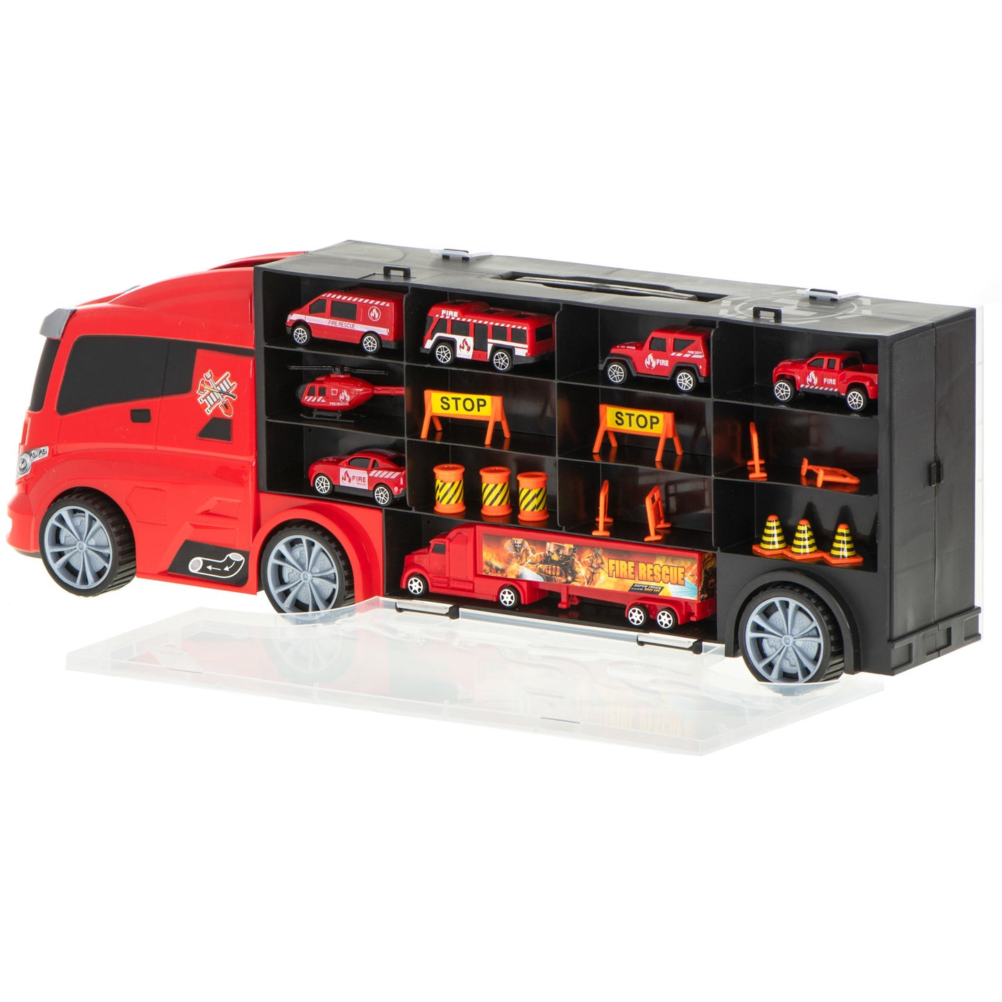 Camion Transportator Fire Rescue idealSTORE, Dimensiuni 57 x 11 x 20 cm, Include 7 Vehicule din Plasctic, Semne de Circulatie, Capacitate pana la 26 de Masini, Lansator de Masini, Maner pentru Transport