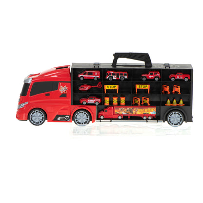 Camion Transportator Fire Rescue idealSTORE, Dimensiuni 57 x 11 x 20 cm, Include 7 Vehicule din Plasctic, Semne de Circulatie, Capacitate pana la 26 de Masini, Lansator de Masini, Maner pentru Transport