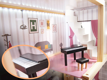 Casuta de Papusi din Lemn The Family Home idealSTORE, Dimensiuni 62 x 27 x 78 cm, Accesorizata cu Lumina LED Resedinta cu 3 Etaje, Dotata cu 4 Camere si o Terasa, Include un Mobilier Bogat din Lemn, Stimuleaza Imaginatia Copilului