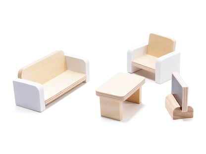 Casuta de Papusi din Lemn The Family Home idealSTORE, Dimensiuni 62 x 27 x 78 cm, Accesorizata cu Lumina LED Resedinta cu 3 Etaje, Dotata cu 4 Camere si o Terasa, Include un Mobilier Bogat din Lemn, Stimuleaza Imaginatia Copilului